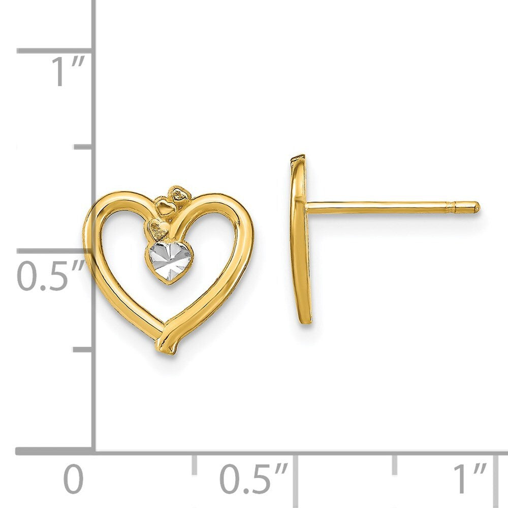 14k Yellow Gold Rhodium Diamond-Cut Heart Stud Earrings Gift for Women