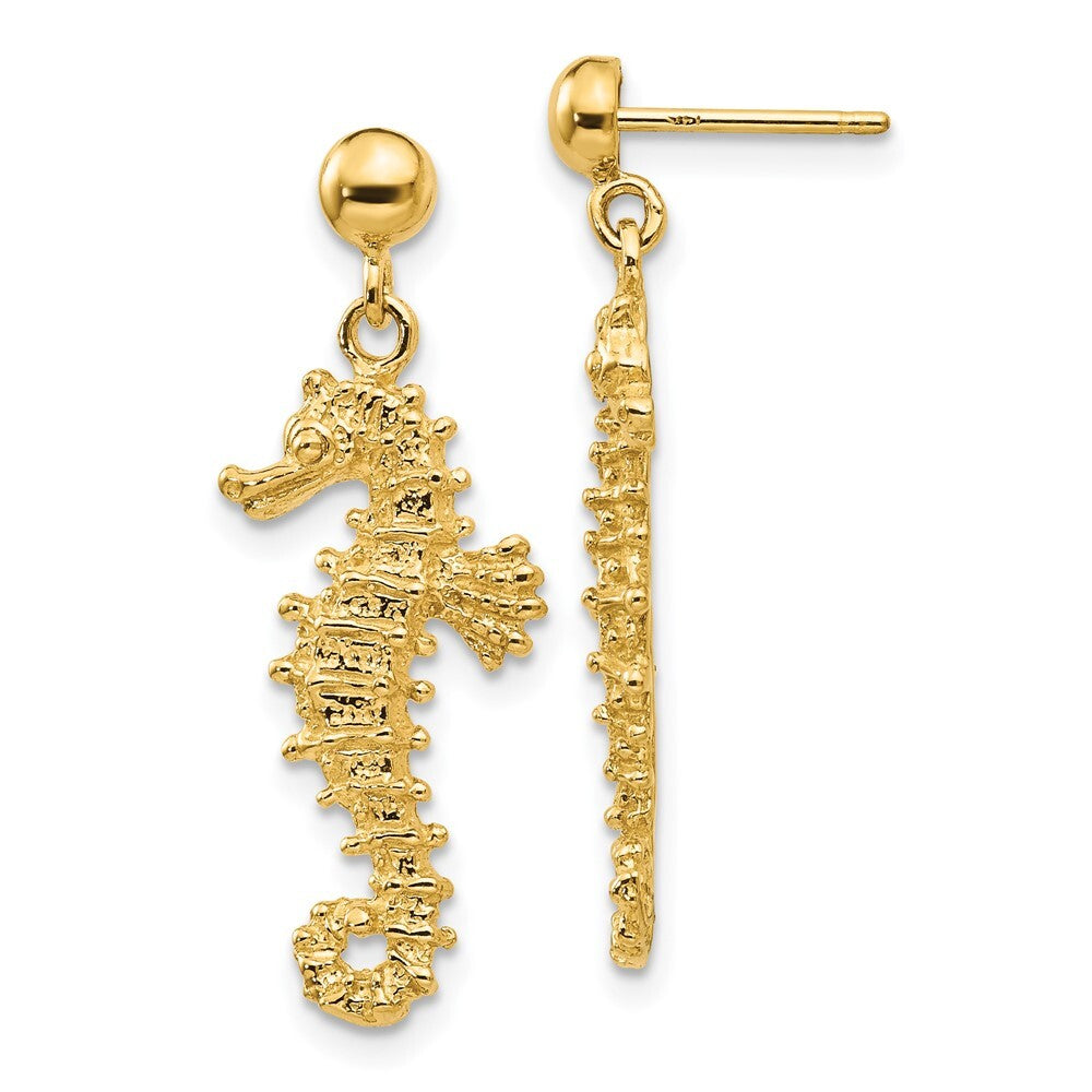 14k Yellow Gold Large Seahorse Dangle Post Earrings