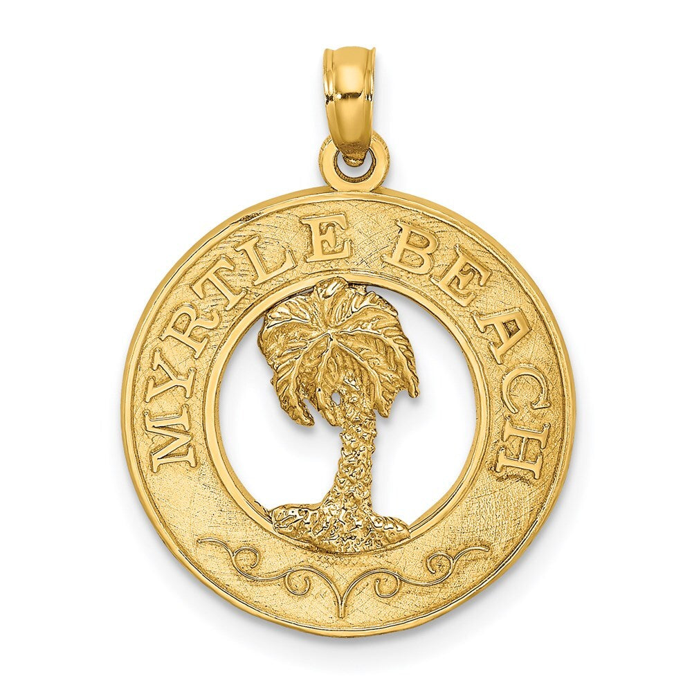14k Yellow Gold MYRTLE BEACH Palm Tree Circle Charm Pendant for Women