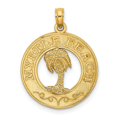 14k Yellow Gold MYRTLE BEACH Palm Tree Circle Charm Pendant for Women