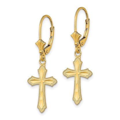 14k Yellow Gold Diamond-Cut Cross Beaded Edge Drop Dangle Earrings