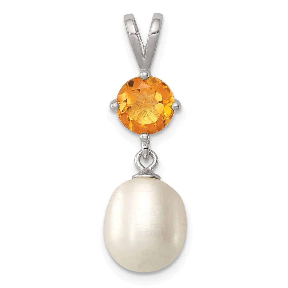 Sterling Silver  8-9mm White Freshwater Cultured Pearl and .75CI Citrine Pendant