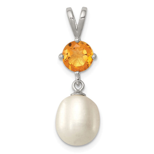Sterling Silver  8-9mm White Freshwater Cultured Pearl and .75CI Citrine Pendant