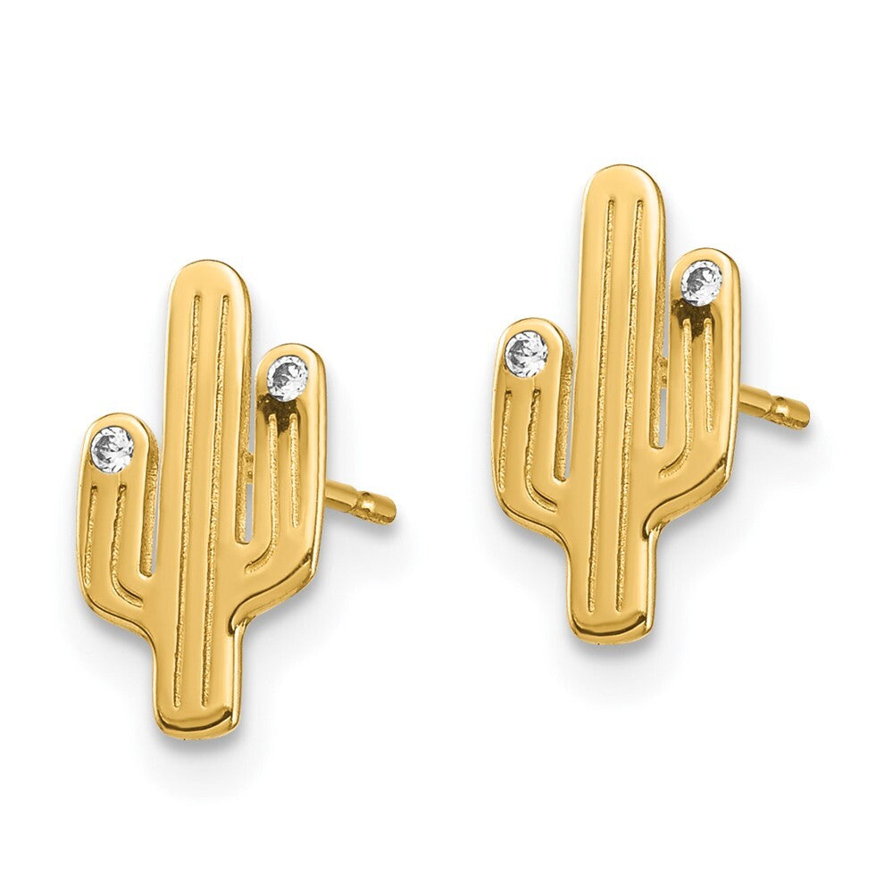 14k Yellow Gold Cactus Cubic Zirconia Stud Earrings Gift for Women