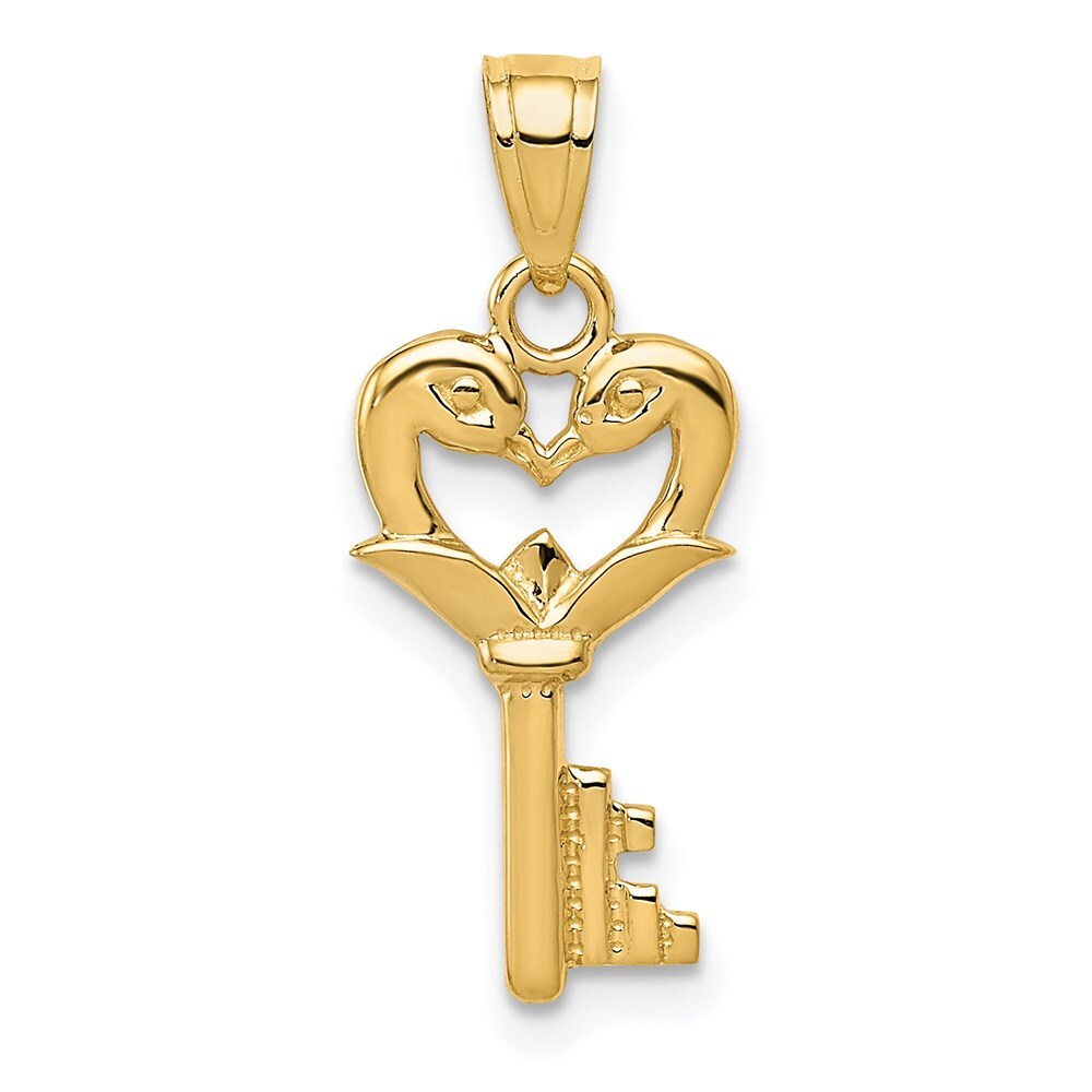 14k Yellow Gold Polished Swans Heart Key Charm Pendant for Women