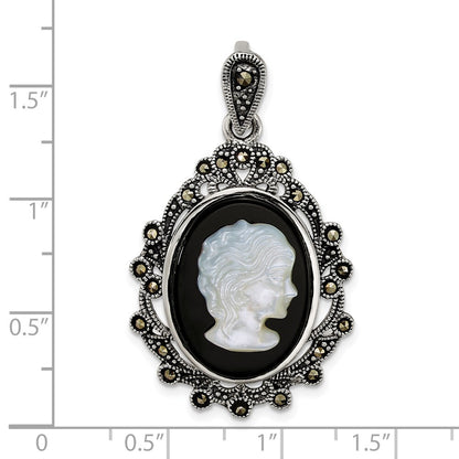 Sterling Silver Antiqued Marcasite Blk Agate and MOP Cameo Pendant