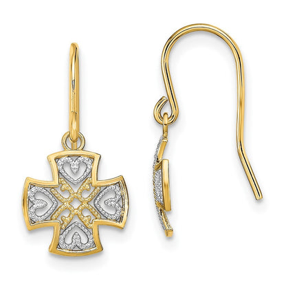 14k Yellow Gold and Rhodium Fancy Dangle Wire Earrings
