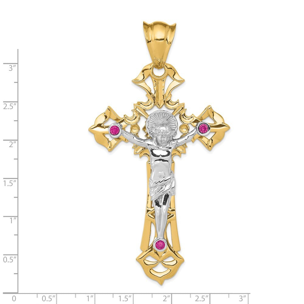14k Two-Tone Gold Polished with Red Cubic Zirconias Crucifix Pendant