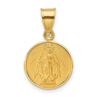 14k Yellow Gold Polished Satin Solid Miraculous Mary Plain Back Medal Pendant