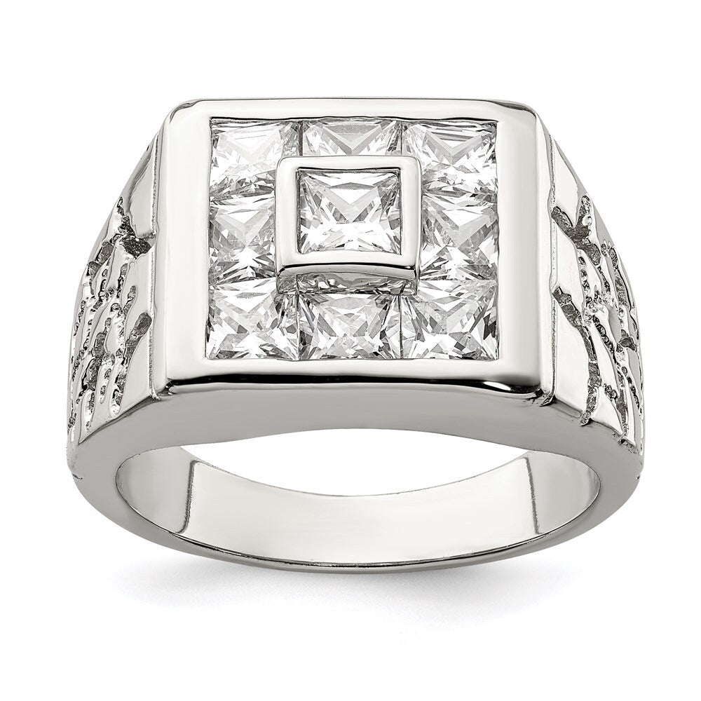Sterling Silver Rhodium Plated Men's Fashion Cubic Zirconia Ring Size 11