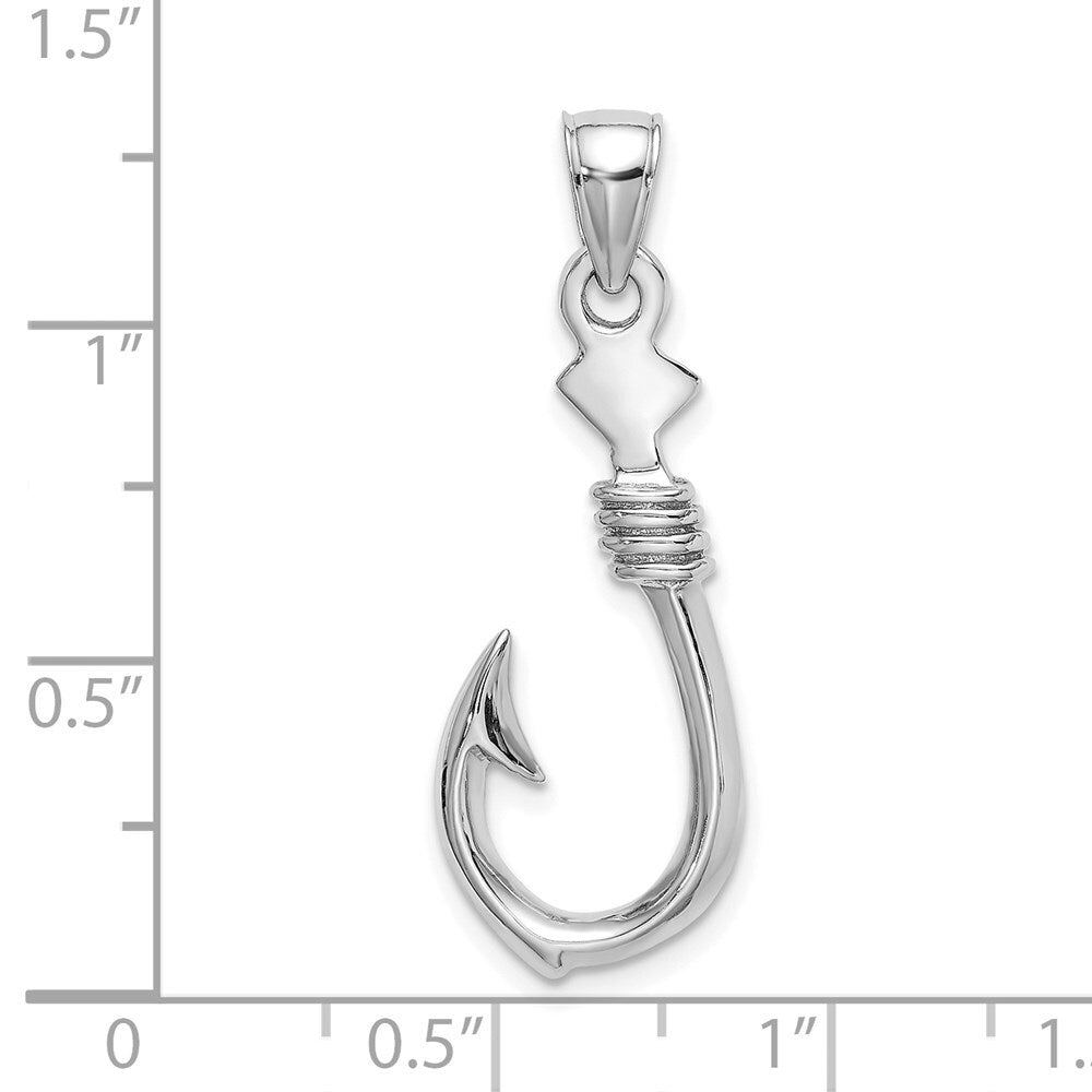 14k White Gold 3-D Large Fish Hook with Rope Charm Pendant for Women