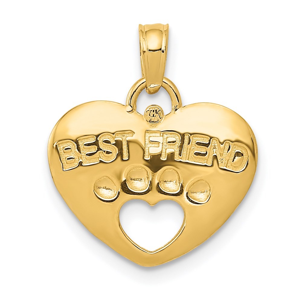 14k Yellow Gold BEST FRIEND on Heart with Cut-Out Paw Pendant