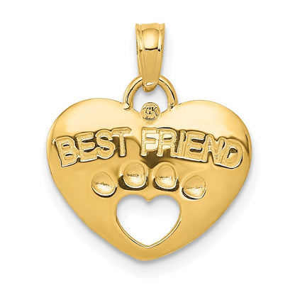14k Yellow Gold BEST FRIEND on Heart with Cut-Out Paw Pendant
