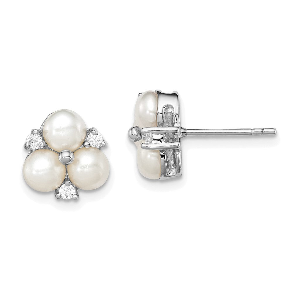 Sterling Silver 5-6mm Freshwater Cultured 3-Pearl and CZ Earrings