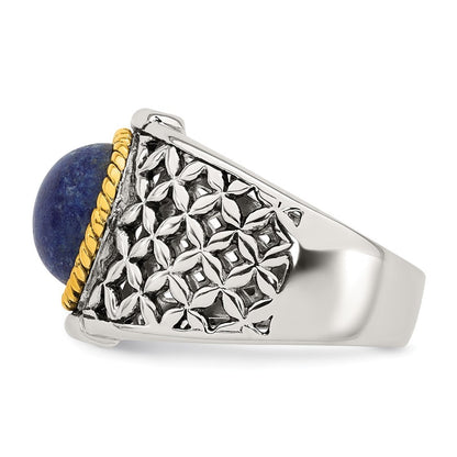 Sterling Silver Antiqued Gold Accent Lapis Cabochon Woven Pattern Ring Sz 6