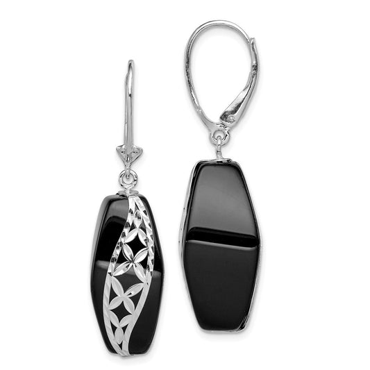 Sterling Silver Polished & Diamond-Cut Onyx Leverback Dangle Earrings