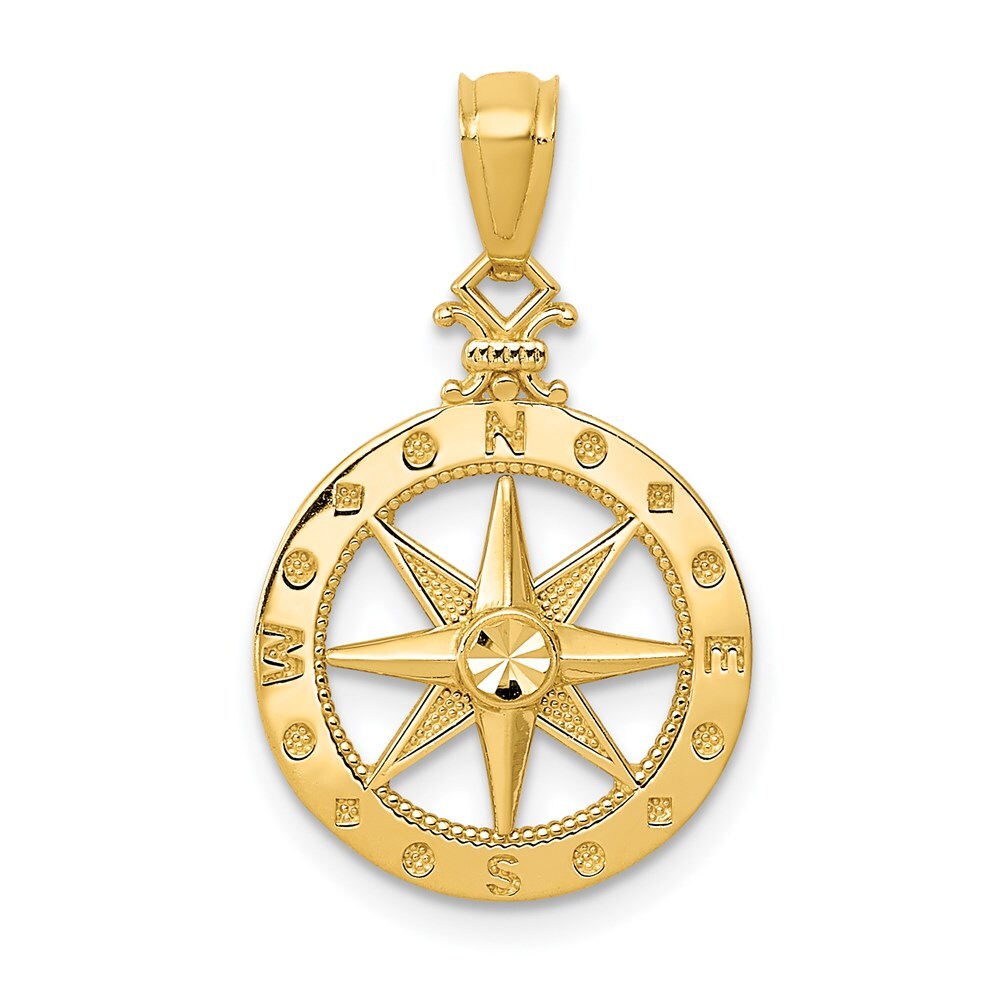 14k Yellow Gold Diamond-cut Polished Compass Pendant for Women