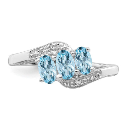 Sterling Silver Rhodium Aquamarine & Diamond Ring Size 6