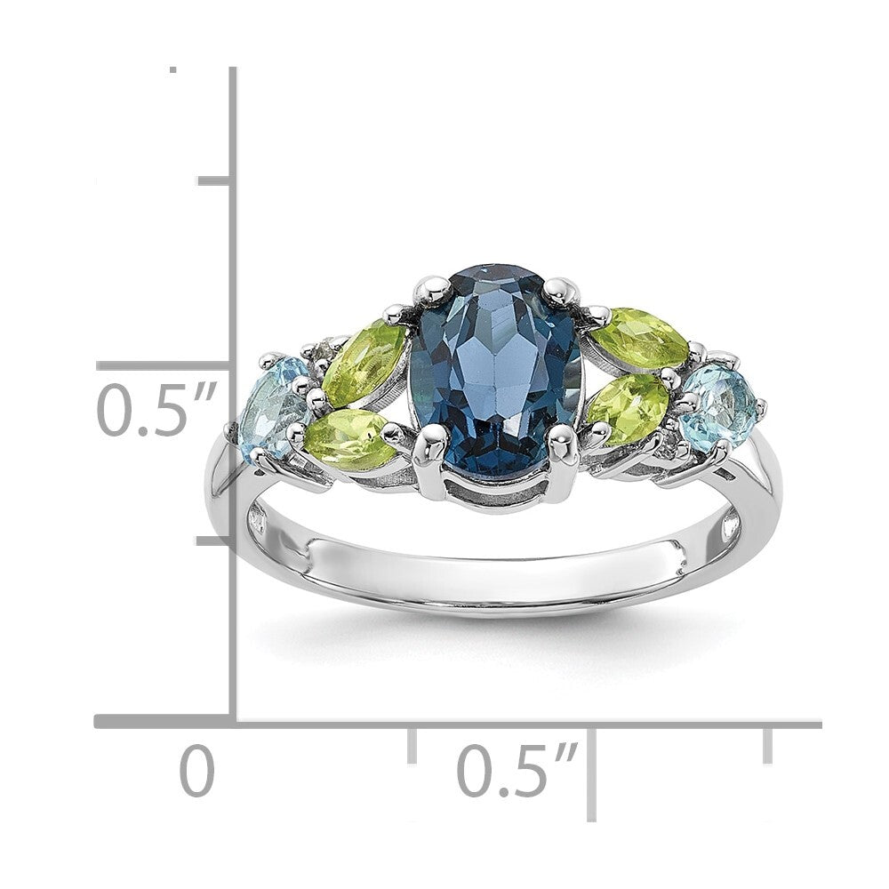 SS Rhodium London Lt.Swiss Blue/White Topaz and Peridot Ring Size 8