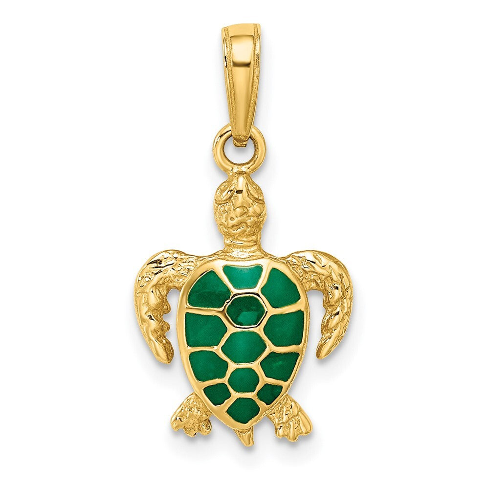 14k Yellow Gold Green Enameled Sea Turtle Pendant for Women
