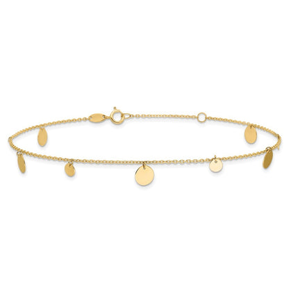 14k Yellow Gold Polished Circle Dangles 10" Anklet