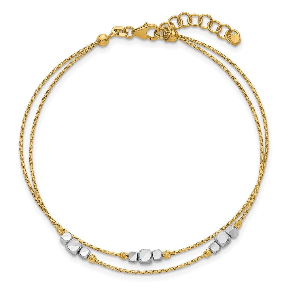 14K Two-Tone Polished Diamond-cut Double Strand Beaded 7" Bracelet with 1" Ext