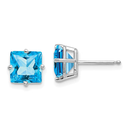 14k White Gold 7mm Princess Cut Blue Topaz Stud Earrings Gift for Women