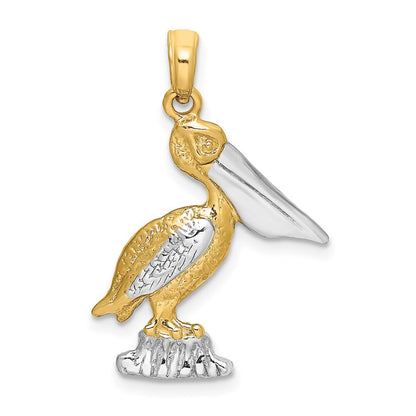 14k Yellow Gold with White Rhodium Standing Pelican Charm Pendant for Women