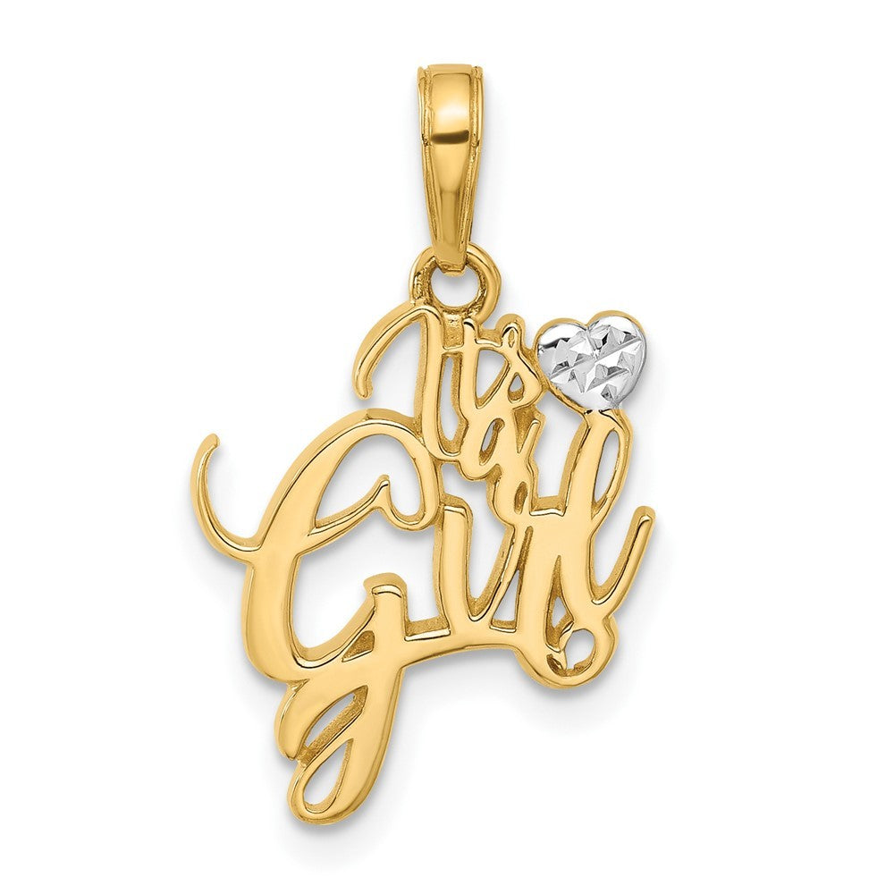 14k Yellow Gold and White Rhodium Diamond-Cut Heart It's A Girl Pendant