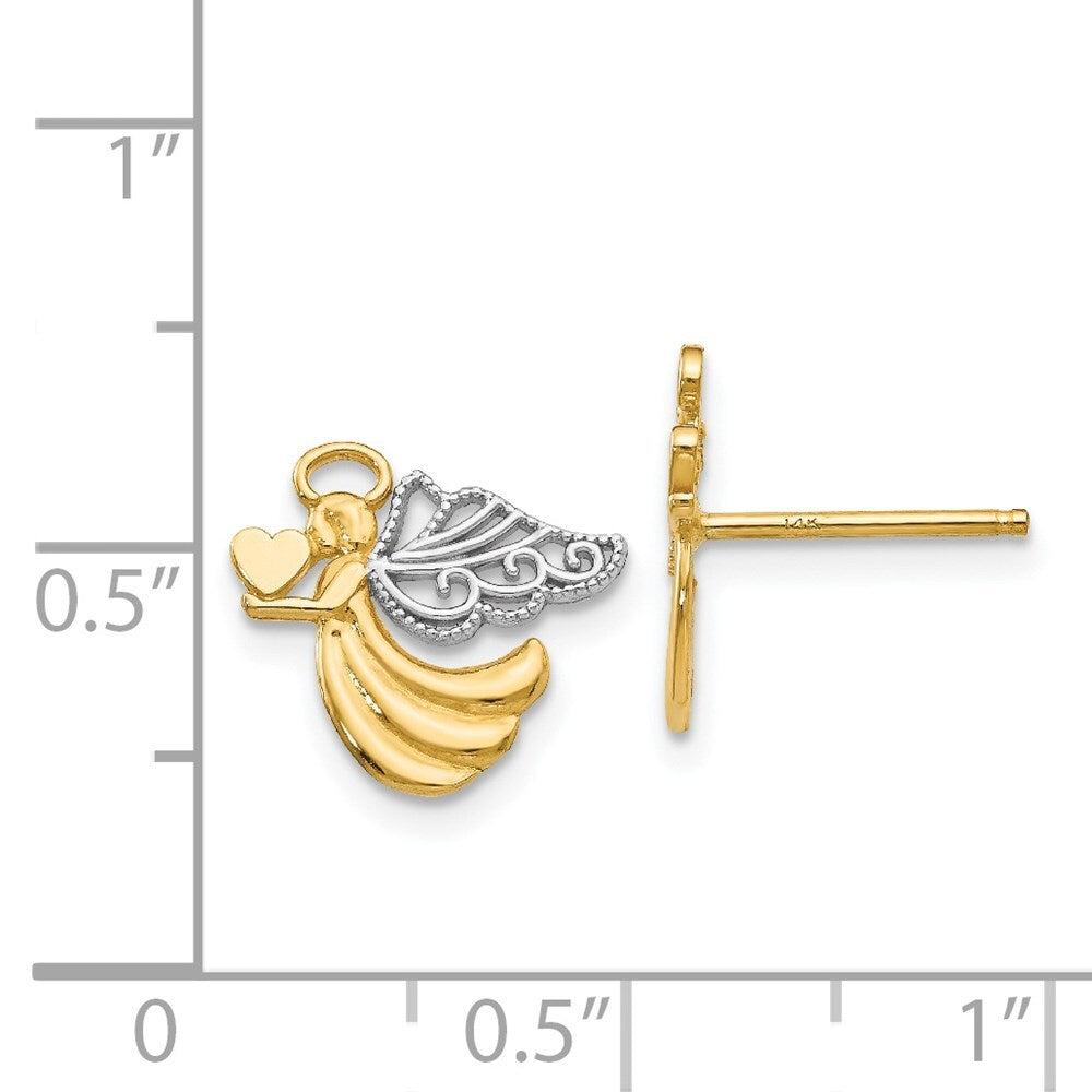 14k Yellow Gold w/Rhodium Angel With Heart Stud Earrings