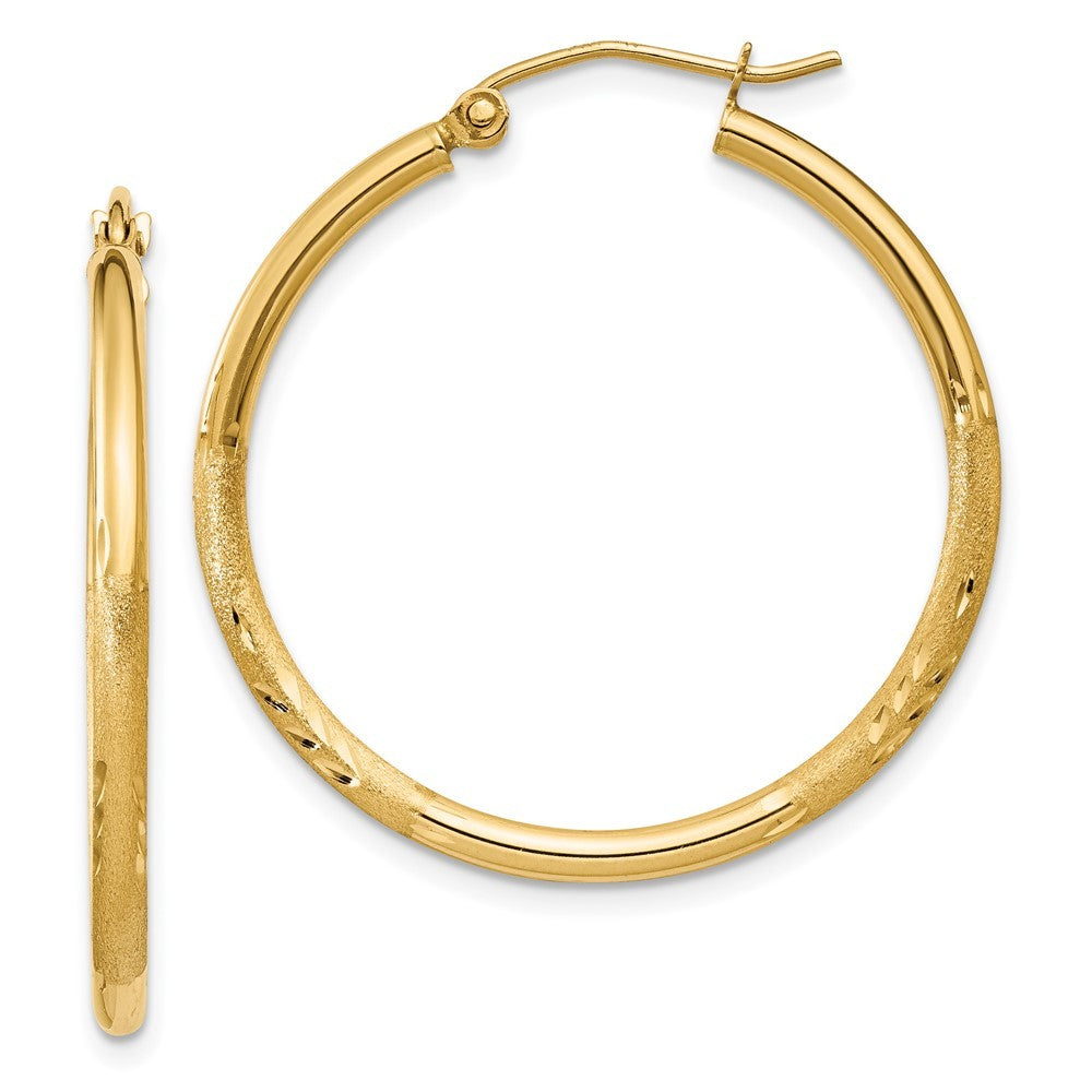 14k Yellow Gold Satin and Diamond-cut 2mm Round Tube Hoop Earrings
