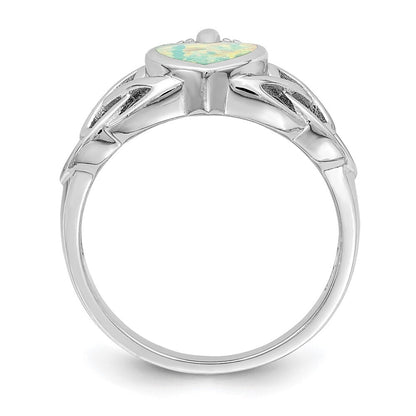 Sterling Silver Rhod-plated Lab Created Opal Celtic Knot Crown Ring Size 7