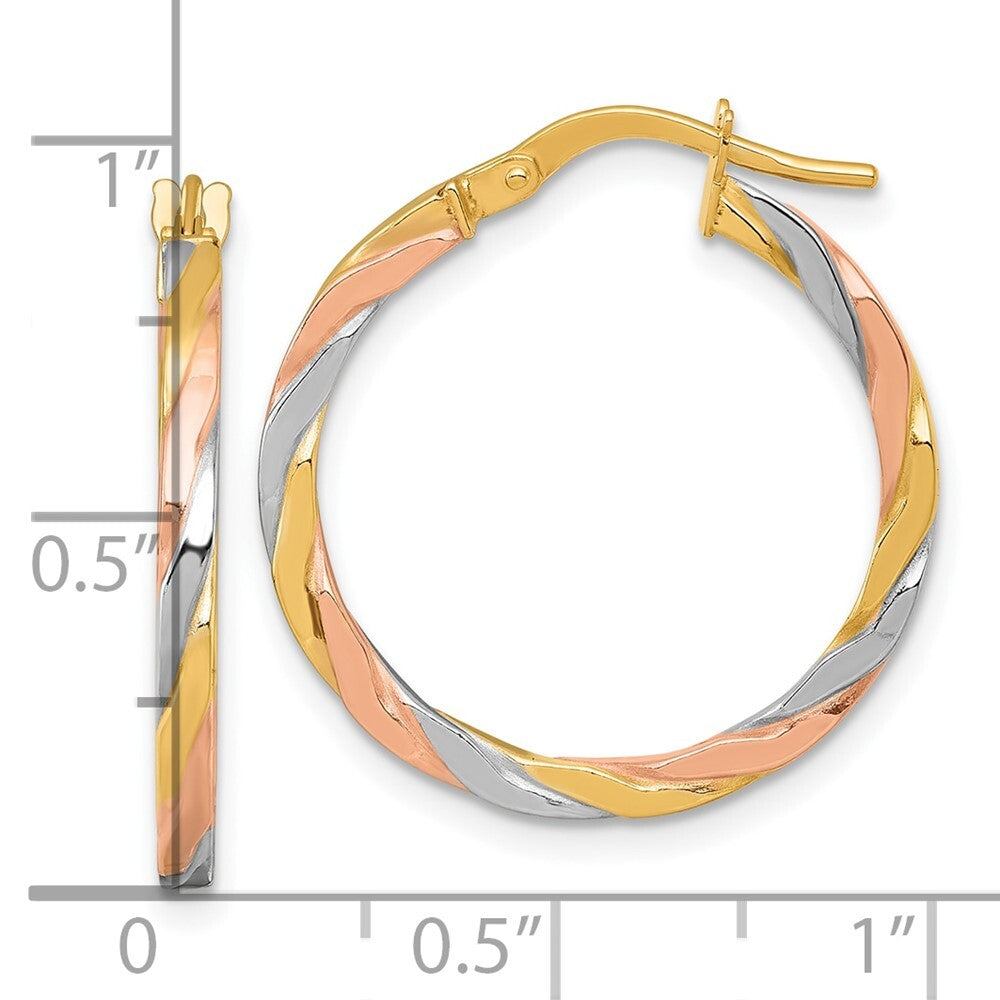 14k Yellow Gold Rose and White Rhodium Twist Hoop Earrings Gift for Women