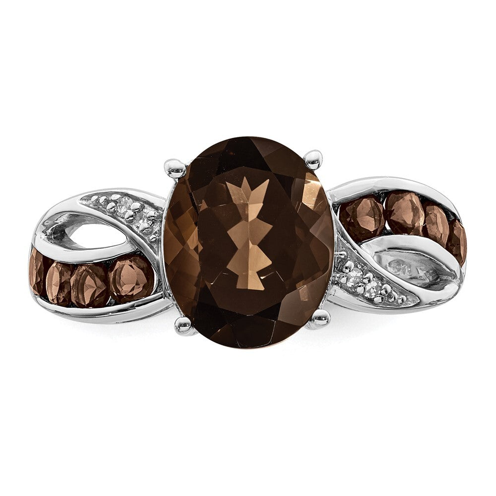 Sterling Silver Rhodium Diamond & Smoky Quartz Ring Size 7
