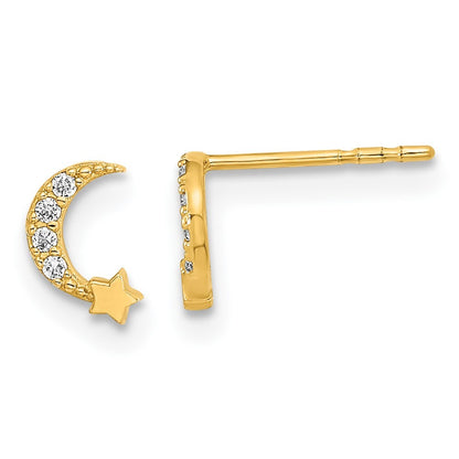 14k Yellow Gold Polished Moon and Star Cubic Zirconia Stud Earrings