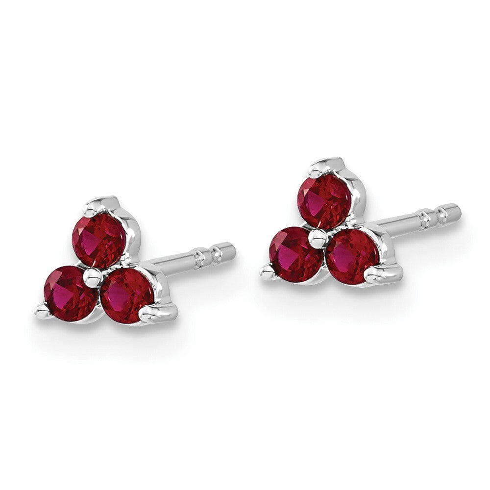 14k White Gold 3-stone Created Ruby Triangle Stud Earrings Gift for Women