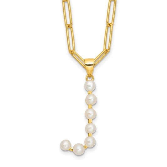 Sterling Silver 3-5.5mm White Button Cultured Pearl LETTER J Necklace 18"