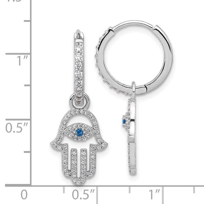 Sterling Silver Blue/White Cubic Zirconia Evil Eye Hamsa Dangle Hoop Earrings