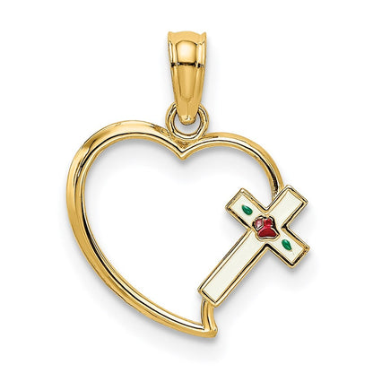 14k Yellow Gold Enamel Cross and Heart Charm