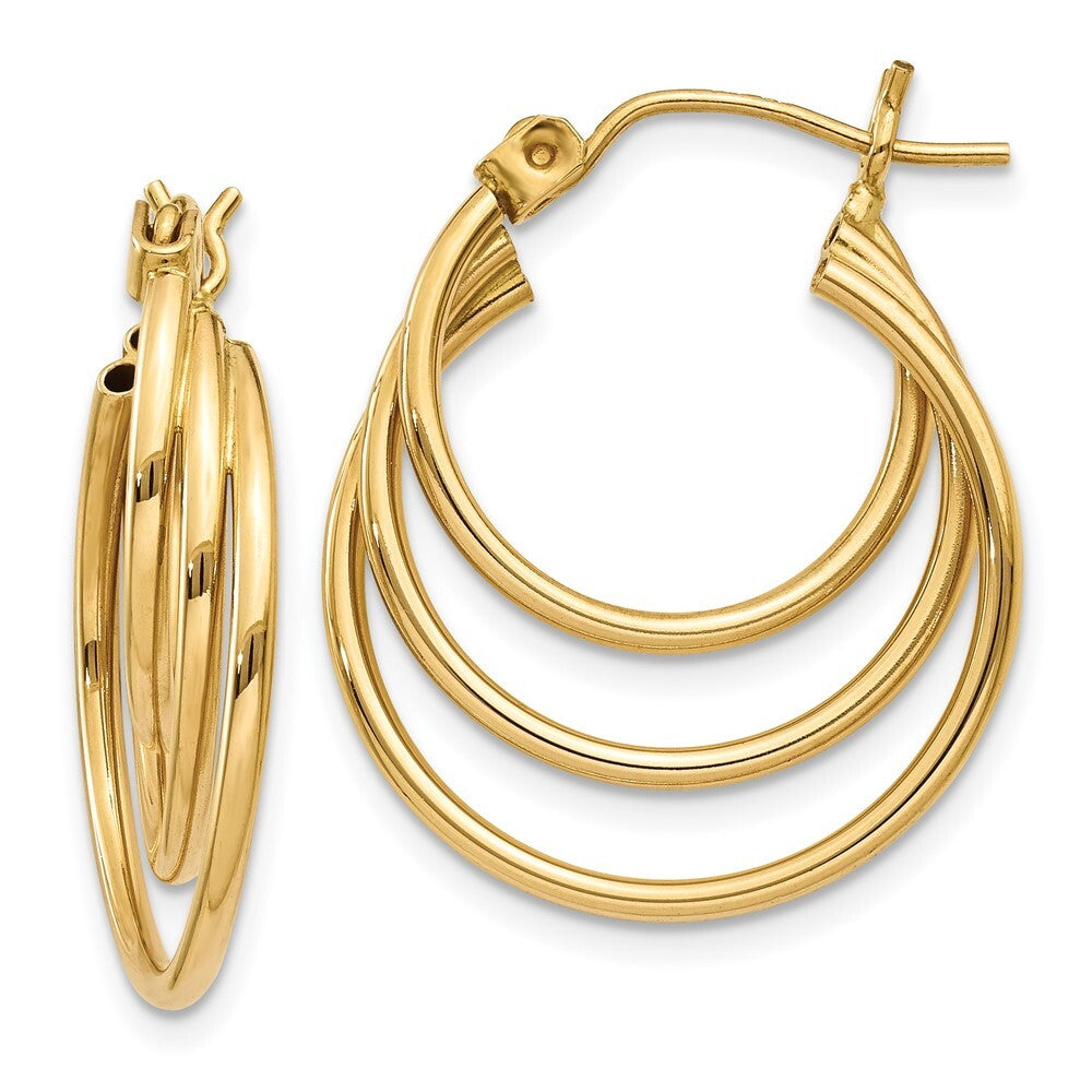 14k Yellow Gold Triple Hoop Earrings Gift for Women
