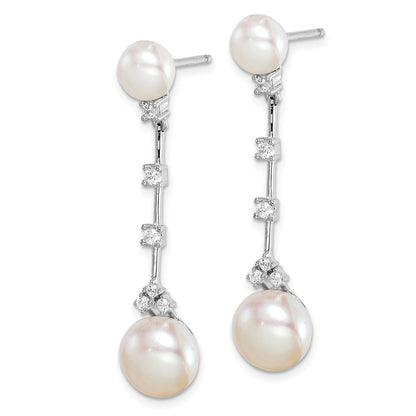 Sterling Silver Cubic Zirconia FWC Button Pearl Dangle Post Earrings