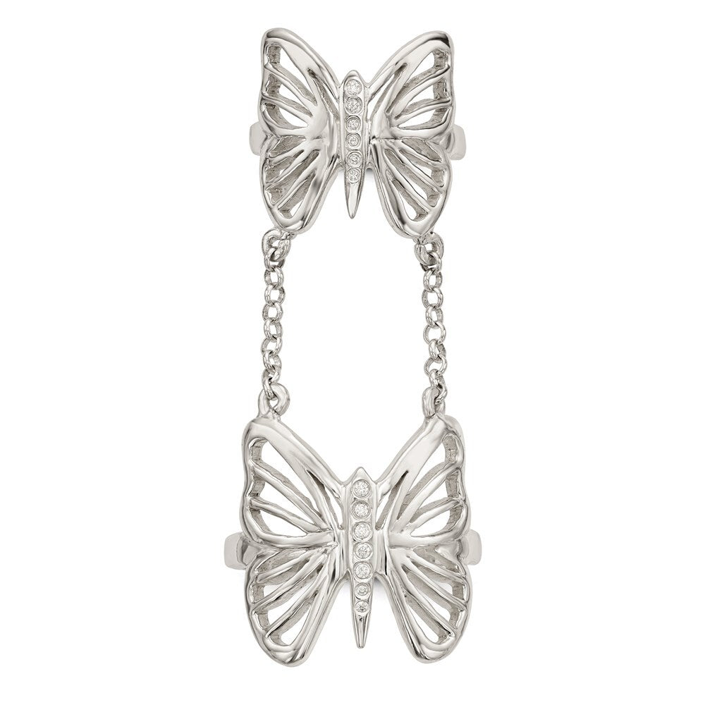 Sterling Silver Polished Cubic Zirconia Butterfly Double Finger Ring Size 7