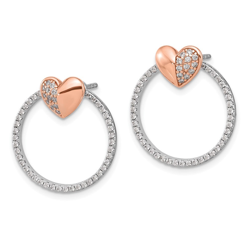 SS Rhodium-plated Rose-tone CZ Heart and Open Circle Earrings