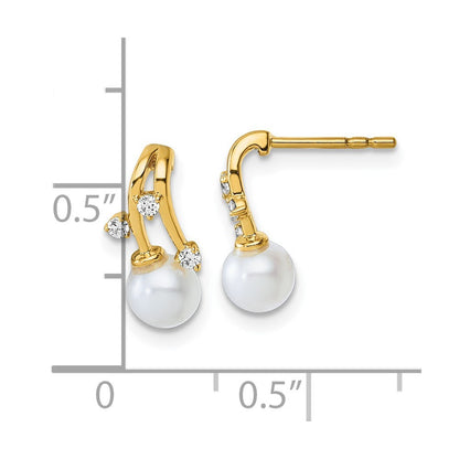 14k Yellow Gold Polished Diamond and Pearl Drop Earrings