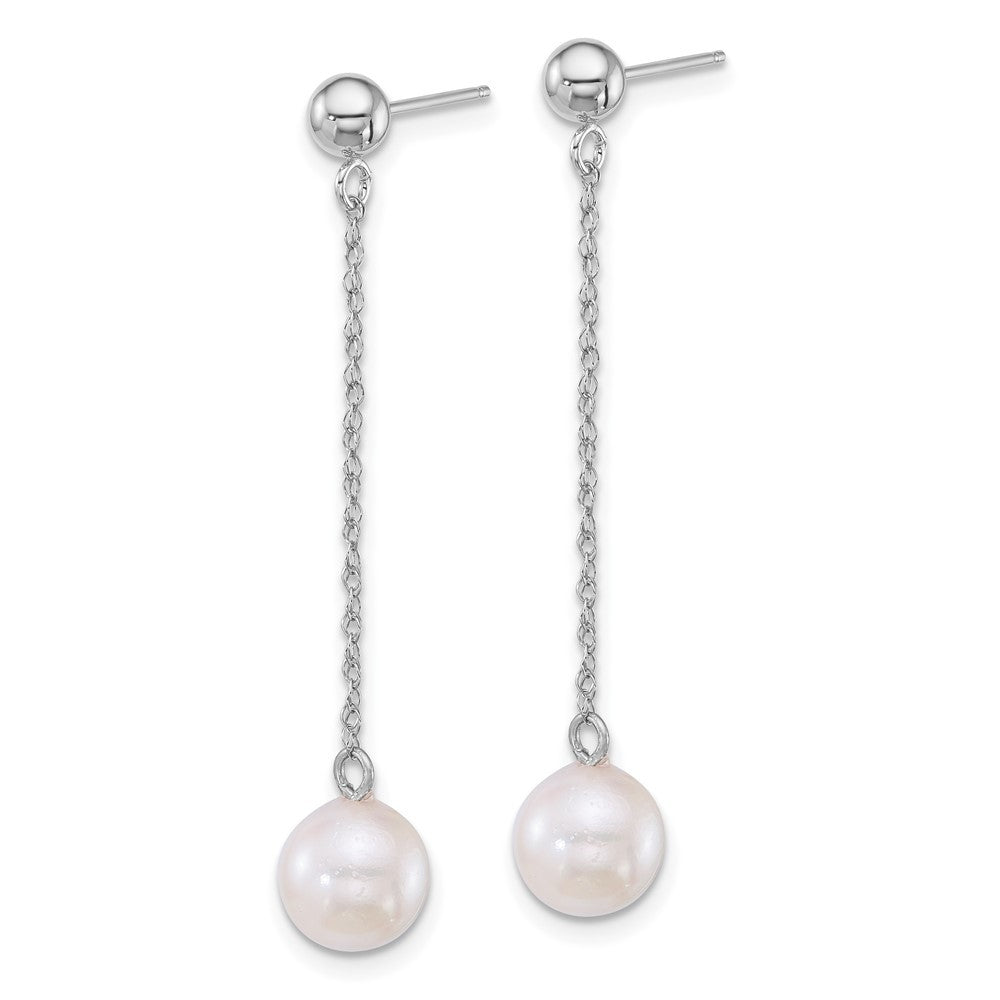 14k White Gold Polished 7mm Akoya Saltwater Cultured Pearl Chain Dangle Earrings