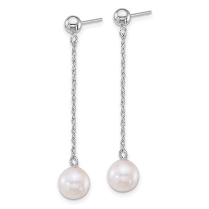 14k White Gold Polished 7mm Akoya Saltwater Cultured Pearl Chain Dangle Earrings