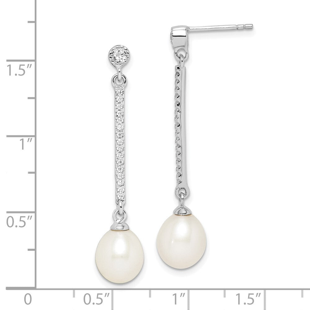 Sterling Silver 8-9mm Rice Cultured Pearl & Cubic Zirconia Post Dangle Earrings