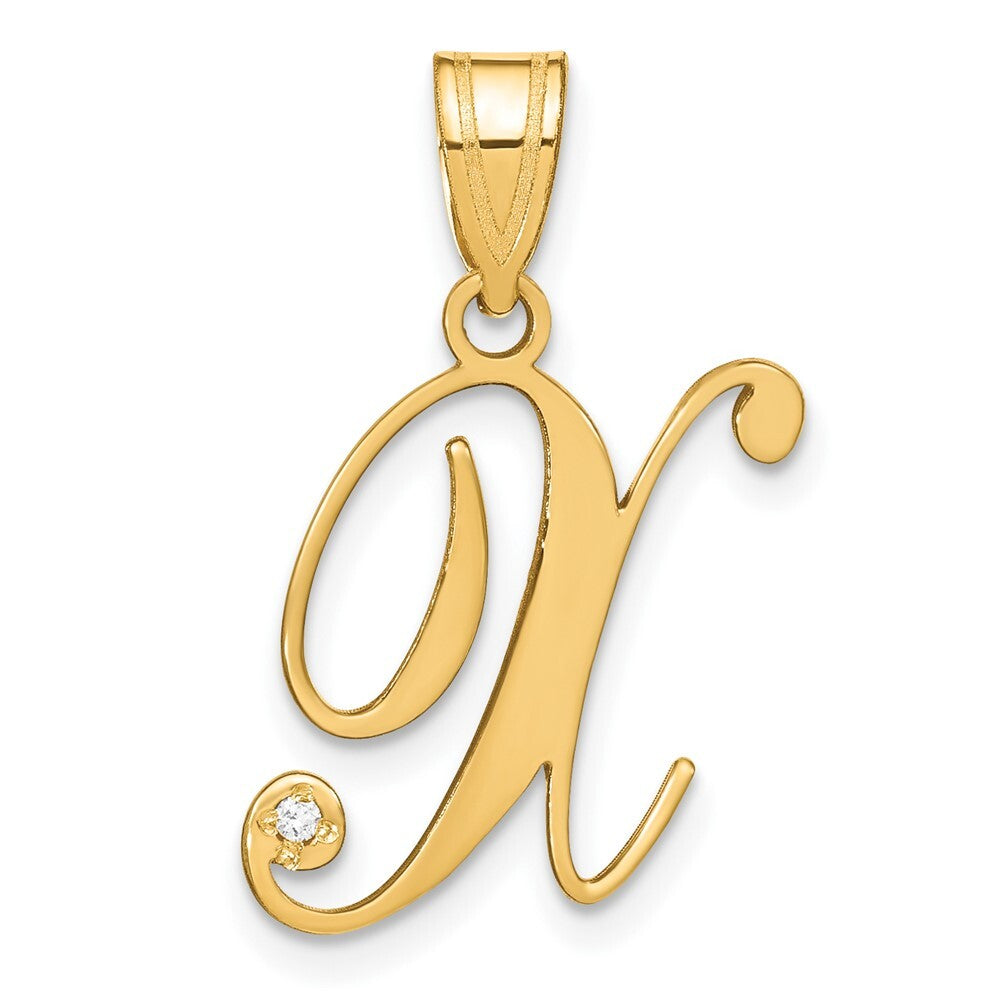 14k Yellow Gold Script Letter X Initial Pendant with Diamond for Women