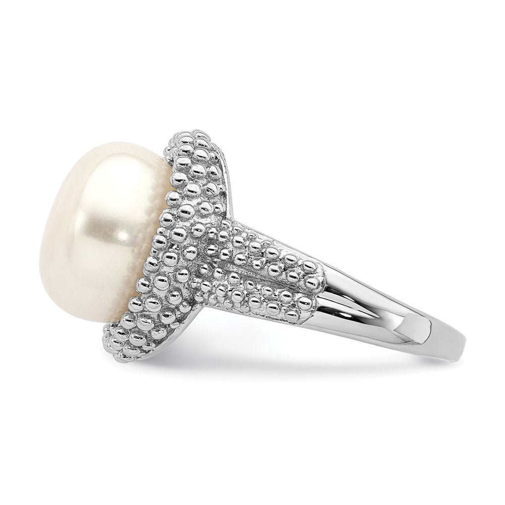 Sterling Silver Rhod-plat 11-12mm White FWC Pearl Ring Size 6
