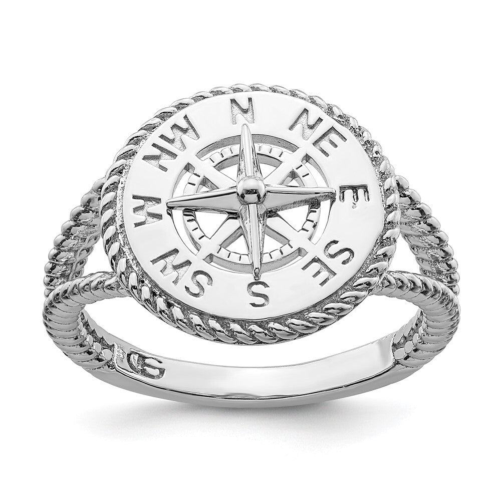 Sterling Silver Rhodium-Plated Polished Compass with Rope Trim Ring Size 8
